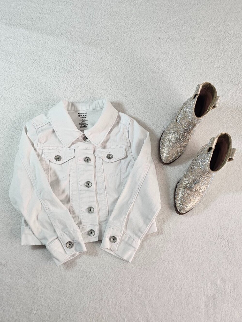 Chic Country Glam Kids Outfit Set - White Denim Jacket & Rhinestone Boots ✨